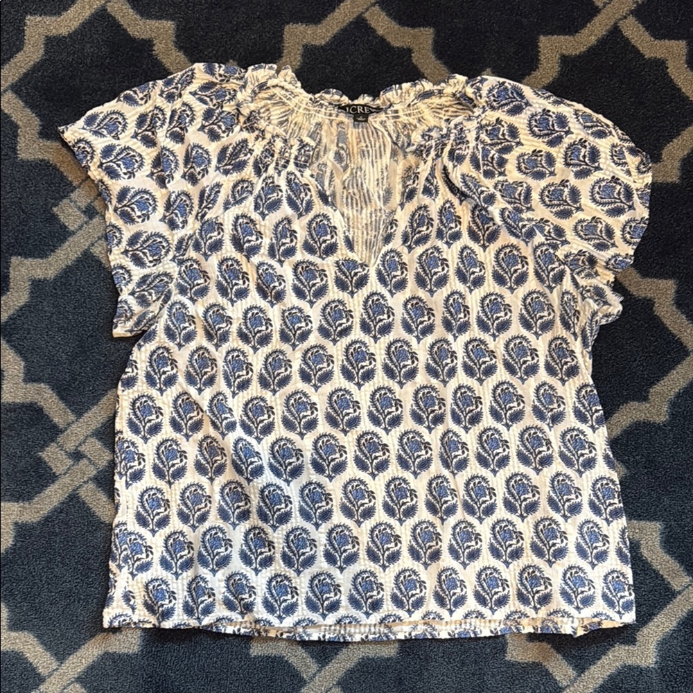 J. Crew Blue and White Leaf Print Blouse